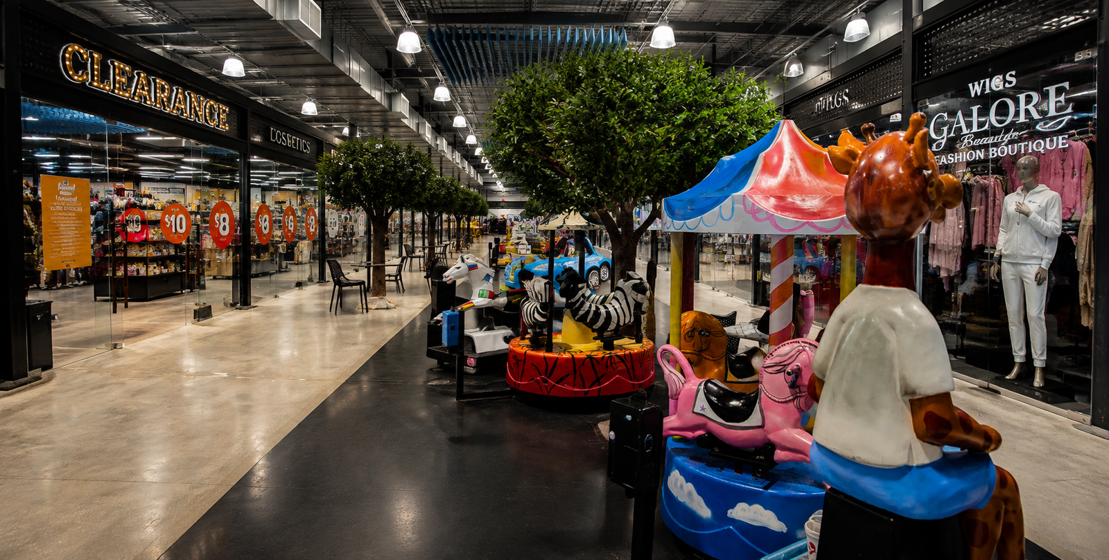 Colorful family area and shops inside Paddock Market Ocala
